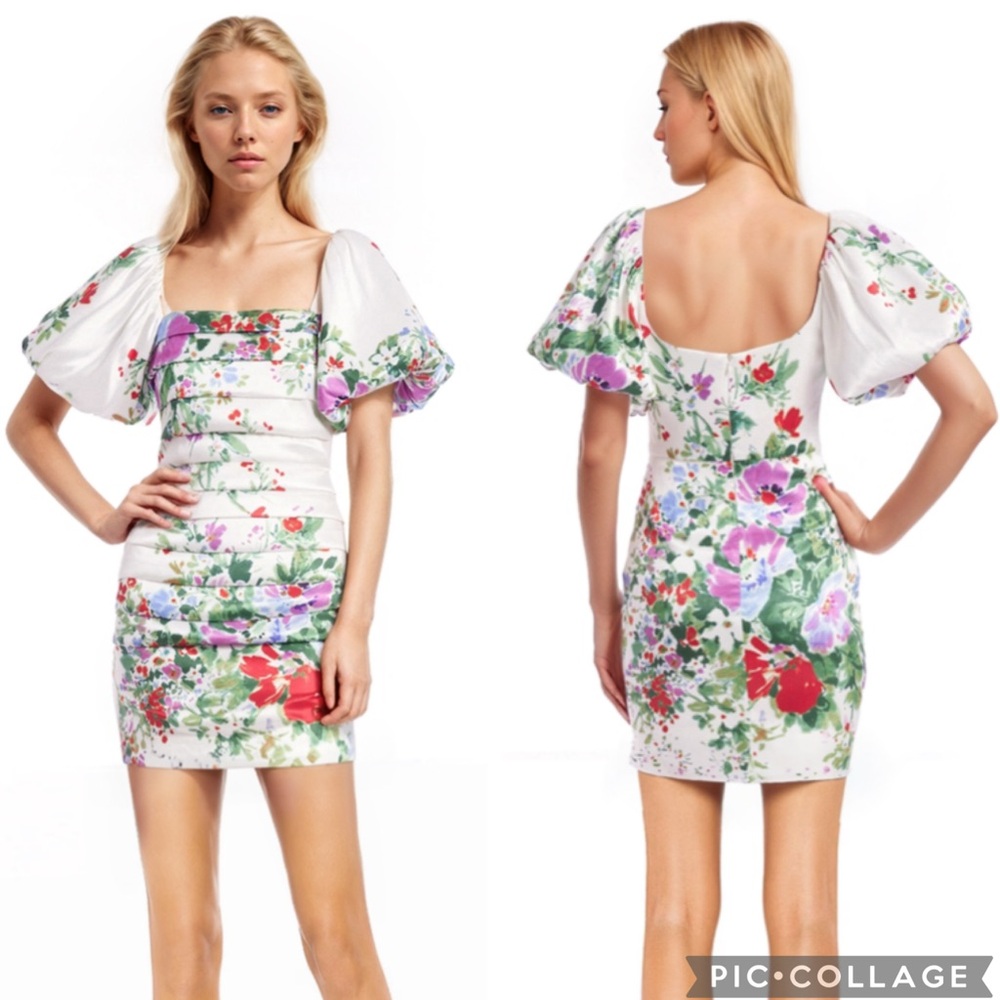 Badgley‎ Mischka Pleated Bodice Puff Sleeve Mini Dress Floral 16